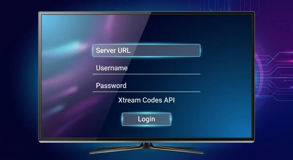 Example login screen for a 4K lux IPTV application showing empty text fields for Xtream Codes API Server URL, Username, and Password.