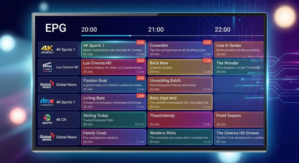 Digital television interface showing an Electronic Program Guide with channel names and scheduled broadcasting times.
