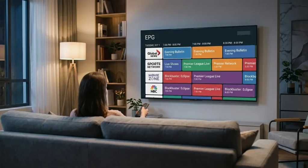 A television screen displaying an IPTV channel guide and video on demand menu.