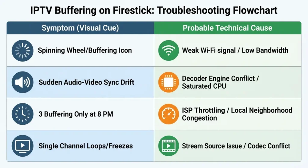 Comparison chart listing Firestick IPTV buffering symptoms alongside their root technical causes