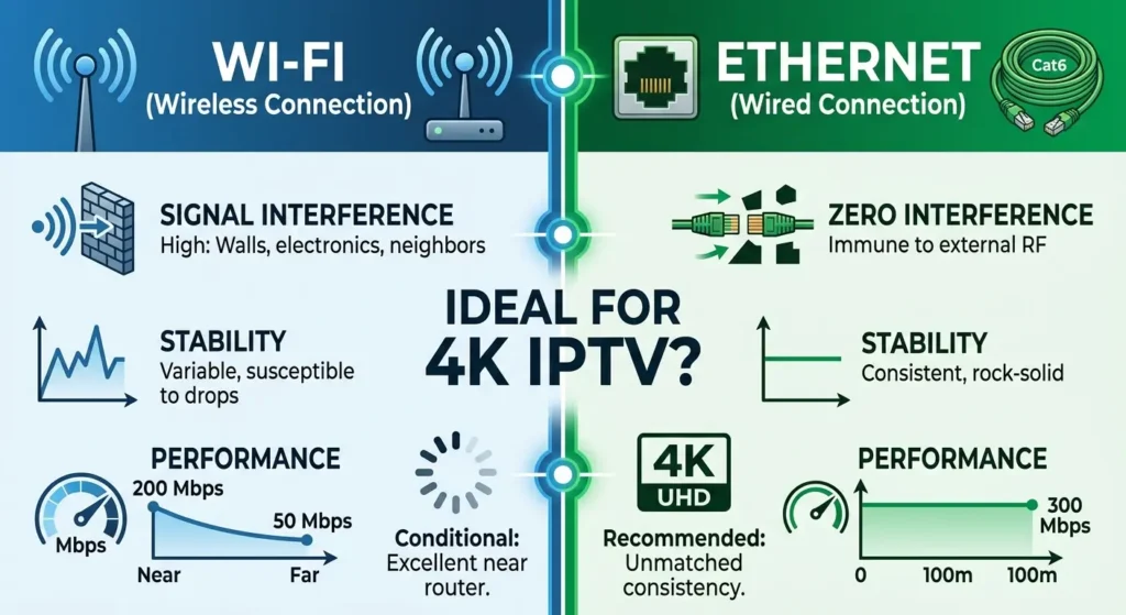 4K LUX IPTV Comparison chart showing the impact of physical walls and distance on wireless Wi-Fi signals versus a consistent wired Ethernet connection.