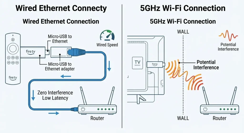 Diagram comparing wireless Wi-Fi interference with a wired Firestick Ethernet adapter setup