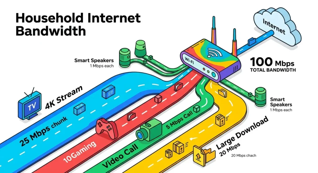 LUX IPTV Diagram illustrating how a home internet router distributes bandwidth across simultaneous 4K streams, online gaming, and background devices.