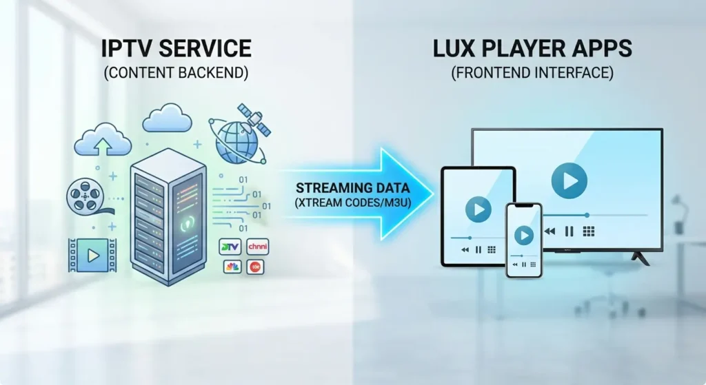Diagram showing how an IPTV service connects to a media player application.