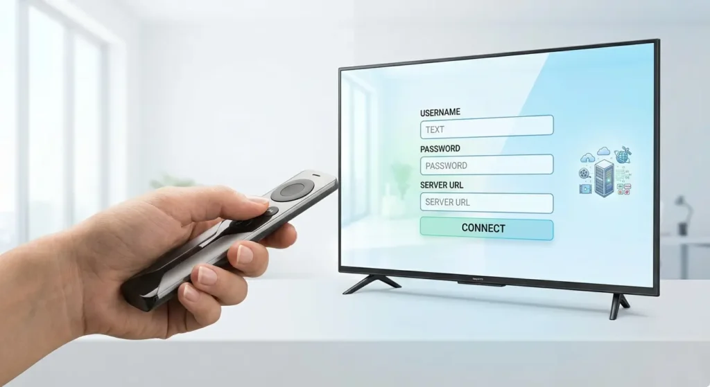 Entering Xtream Codes login credentials into a smart TV streaming app.