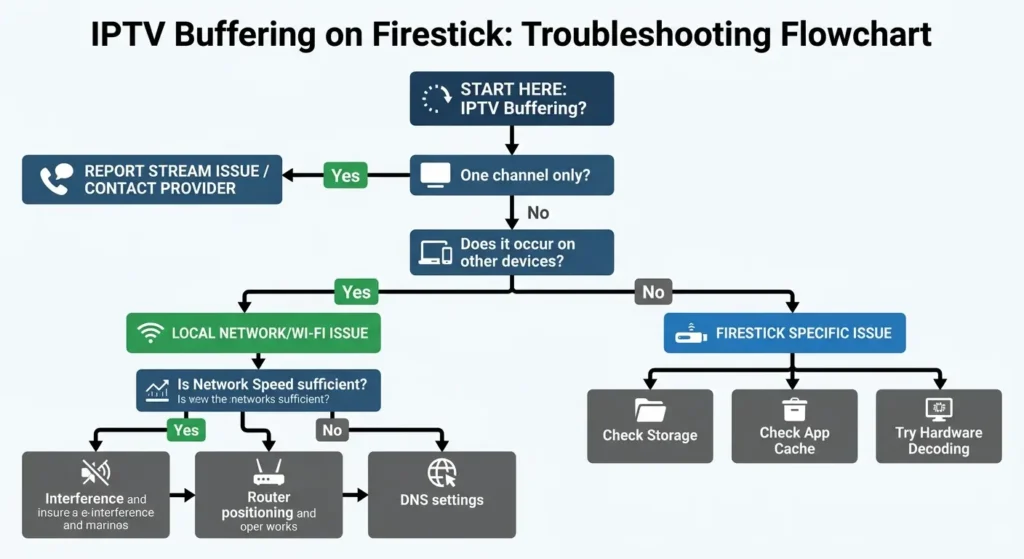 Flowchart showing step-by-step diagnostic process to troubleshoot Lux IPTV buffering on Amazon Firestick