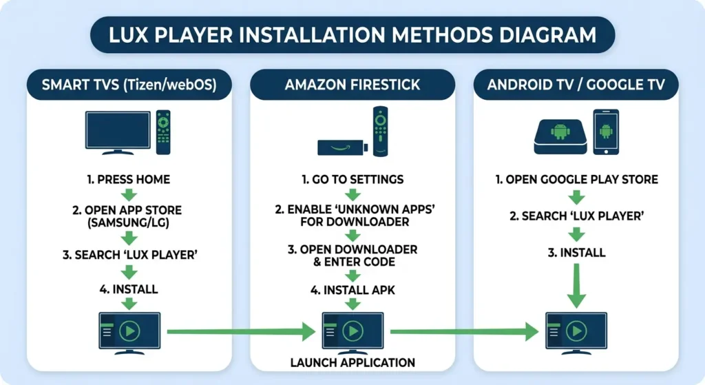 Lux Player installation methods diagram for Firestick Smart TV and Android TV.