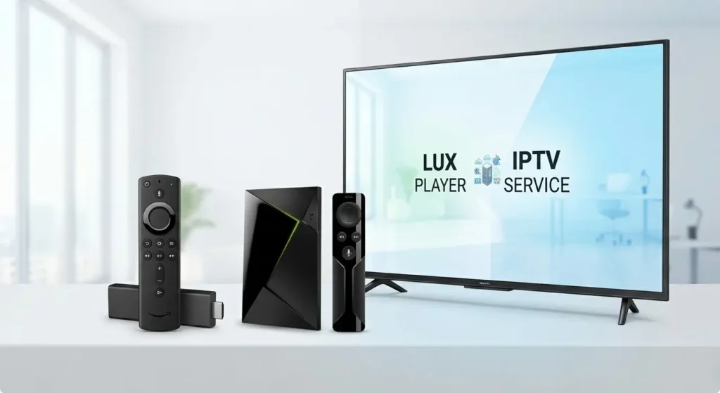Popular streaming devices used for IPTV including Firestick and Android TV boxes.