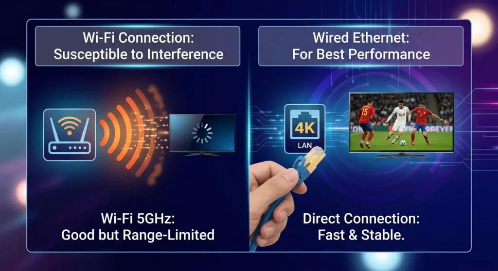 Graphic comparing an unstable Wi-Fi connection with a stable, wired Ethernet cable connection for streaming devices.